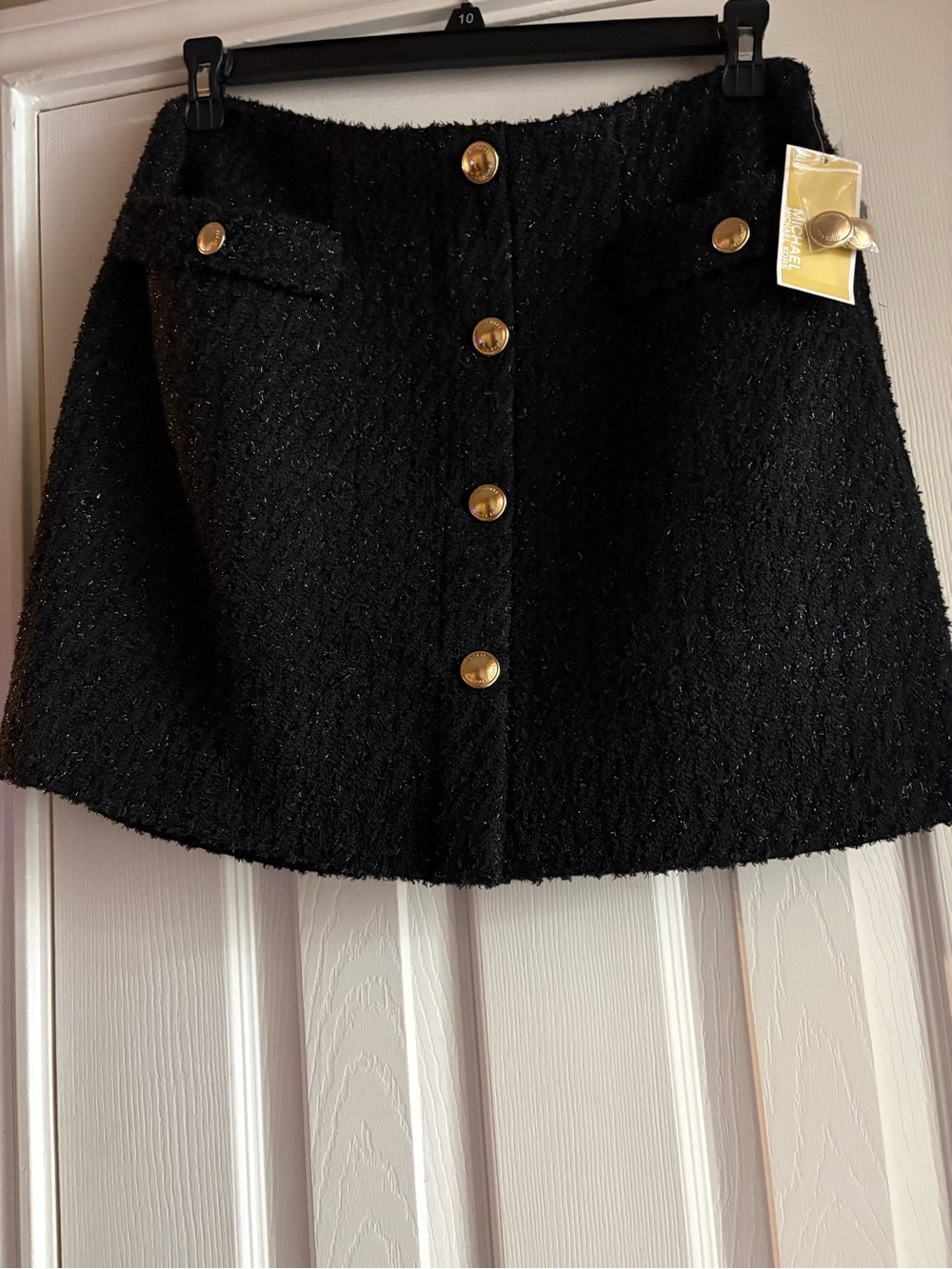 Michael Kors Black Tweed A-Line Mini Skirt with Gold Buttons